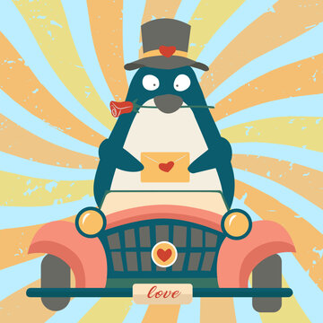 Valentine's Day vector greeting card with adorable kawaii penguin bird in retro car with hearts, letter and love symbols