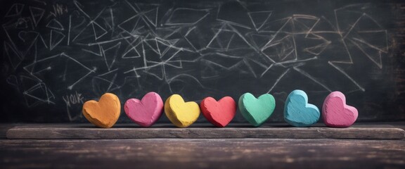 Row of colorful heart-shaped objects in front of a chalkboard with abstract drawings. 