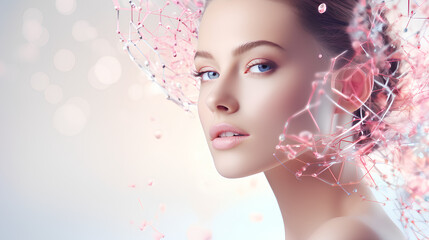 A beautiful woman portrait serum molecules structure on the face, pink tone colour light on pink background. Copy space, banner. Advertising style
