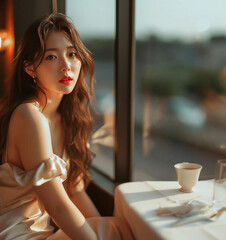 Beautiful asian girl wearing sleeveless top in a cafe
