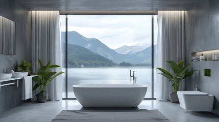 A bathroom With A Large Window And Bathtub, Generative AI