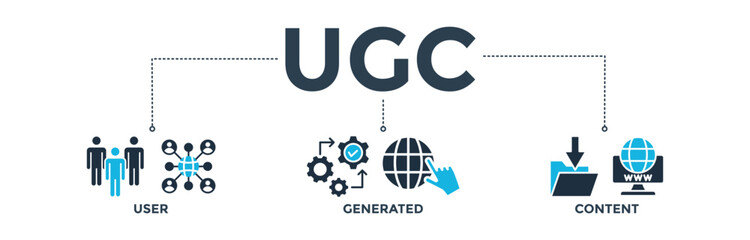 UGC banner concept for user-generated content with icon of people, network, process, engine, click, internet, website, archive and browser. Web icon vector illustration 