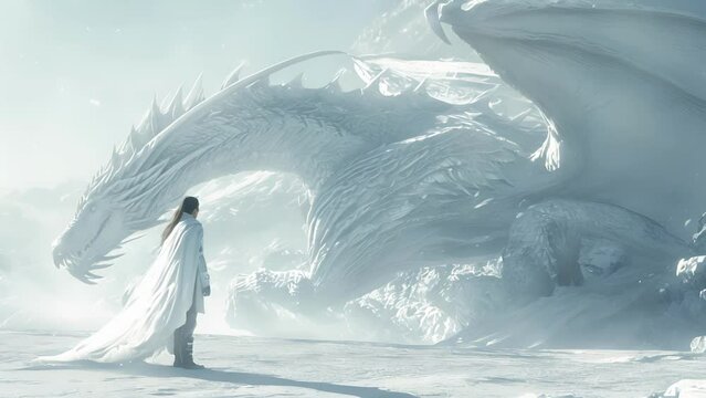 In a land of ice and snow an angel and dragon stand together their contrasting elements united in perfect balance.