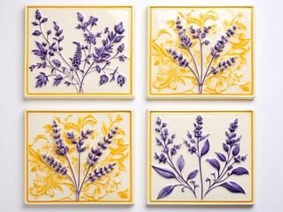 A set of four exquisite tiles in sunny yellow, adorned with delicate lavender floral motifs