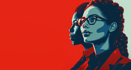 Bold and Empowered: Dual Profile of Women in Striking Red and Blue Contrast - A Celebration of Strength and Intelligence. AI Generative