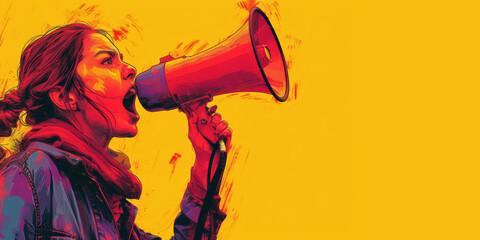 Vibrant Poster of a Young Woman Shouting into a Megaphone Against a Yellow Abstract Background, with Copy Space. AI Generative.