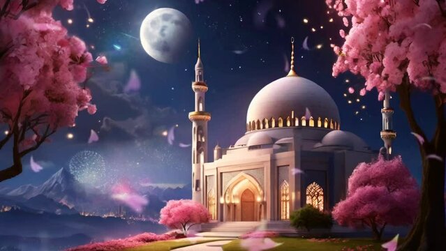 illustration of a mosque with a view of fantasy world, there are cherry trees and a crescent moon at night. Ramadan background. Seamless and looping digital Painting 4K animation style.