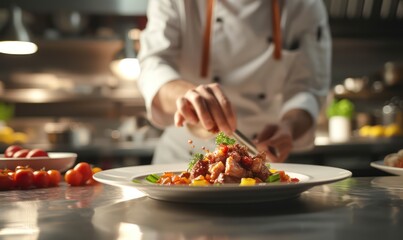 chef is preparing food on a plate with a kitchen in the background