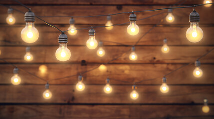 Lighted light bulbs on wooden background. generative AI