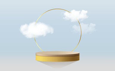 Yellow and golden stage podium with blue sky, golden ring and minimal cloud scene vector. 3D Stage podium and minimal cloud scene for an Award Ceremony. Vector illustration.