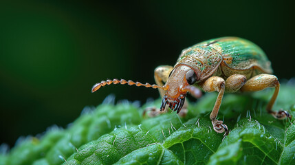Naklejka premium Macro Photography of Brown Weevil on Green Leaf 