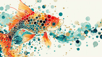 Colorful dotted goldfish illustration swimming in an abstract bubble environment