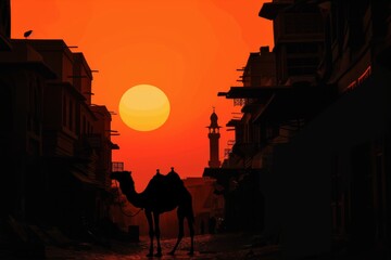 camel is silhouetted against the warm orange glow of the setting sun