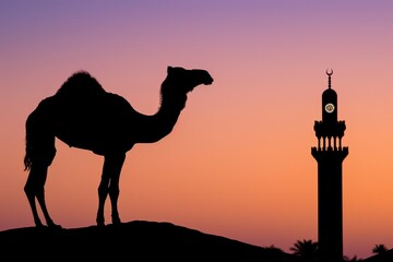 striking silhouette of a camel and a mosque at sunset