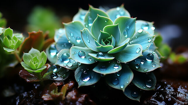 A succulent's fleshy leaves hold tiny droplets, transforming it into a captivating miniature world after rainfall