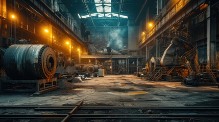 A rugged industrial workspace with heavy machinery and metal structures