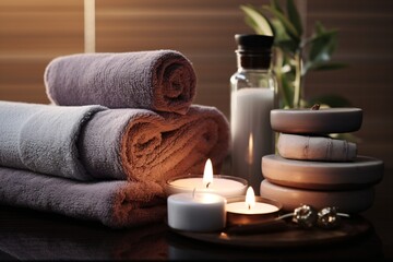 Fototapeta na wymiar Massage and spa essentials such as towels, oils, scents for rejuvenation and relaxation
