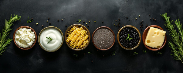 A row of ceramic bowls containing various kitchen ingredients including cottage cheese, sour cream, fusilli pasta, quinoa, black beans, and Swiss cheese on a dark surface with fresh rosemary.