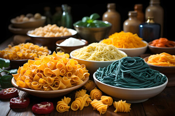 set of various Italian pasta, spaghetti and other products in plates on the table