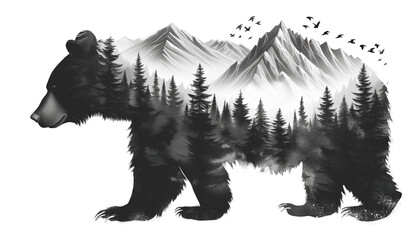 black and white illustration that creatively merges the silhouette of a bear with a forested mountain landscape and a flock of birds in the sky