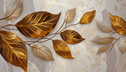 composition featuring golden metallic leaves arranged on a marbled background with splatters of gold