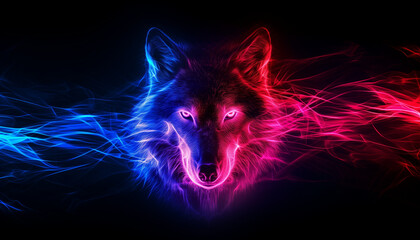 digital artwork wolf with a glowing neon outline in vibrant blue, pink and red hues