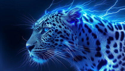 a leopard in a dynamic blue hue with electric lightning effects