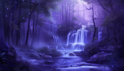 a mystical forest with a vibrant purple hue, featuring glowing waterfalls, sparkling lights, and an overall magical atmosphere