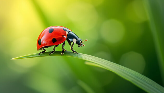 a close-up, macro photograph of a vibrant red ladybug with black spots delicately walking along the edge of a green leaf, with a softly blurred green background