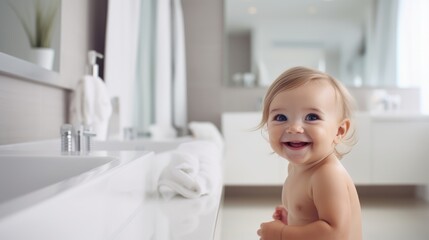 Close up portrait of cute baby trying after wash in bathroom. Healthy hygiene care.