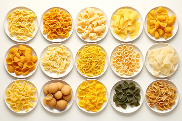 set of different types of italian pasta and spaghetti on white background.  top view
