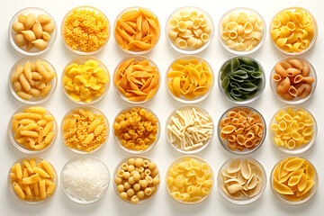set of different types of italian pasta and spaghetti on white background.  top view
