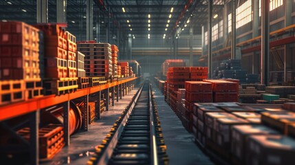 Warehouse filled with neatly stacked crates and conveyor belts - obrazy, fototapety, plakaty