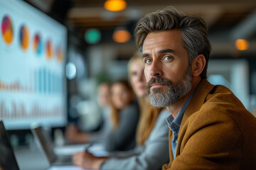 Fototapeta premium Unveiling the Leadership Enigma: Analyzing the Traits, Behaviors, and Impact of a Confident Businessman in a Meeting - A Study of Effective Communication, Team Motivation, and Goal Achievement