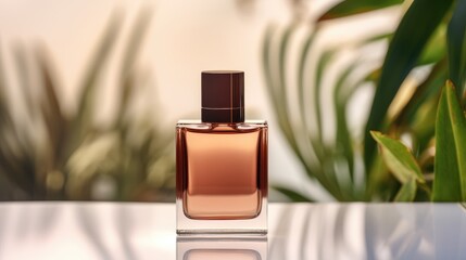 Transparent brown glass perfume bottle mockup with plants on background. Eau de toilette. Mockup, spring flat lay.