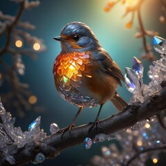 crystal sculpture in the shape of a European robin on a crystal tree branch