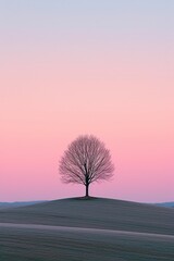 trendy vertical Quiet Background with Solitary Tree on a Hill at Twilight . AI generate