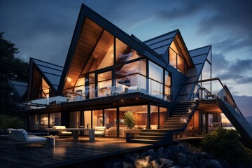 A luxurious property with glass walls and in the shape of a hut