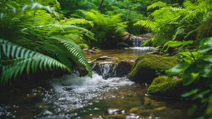 nature background with lush greenery and a gentle stream