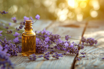 Fototapeta na wymiar : A small amber bottle of lavender essential oil resting among fresh lavender flowers on a rustic wooden surface at sunset.
