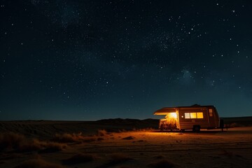 caravan is prominently featured it’s illuminated from the inside casting a warm glow in the surrounding area