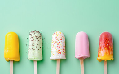 A vibrant array of ice cream bars on sticks with colorful sprinkles on a mint green background. Place for text