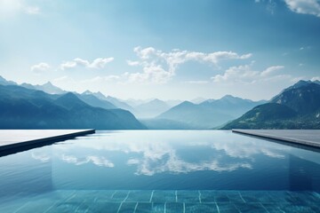 A luxurious infinity swimming pool with a view of mountains