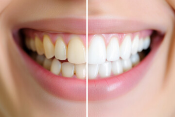 Close-up comparison image showing teeth before and after whitening treatment, with the left side displaying yellowed teeth and the right side showing bright white teeth. - obrazy, fototapety, plakaty