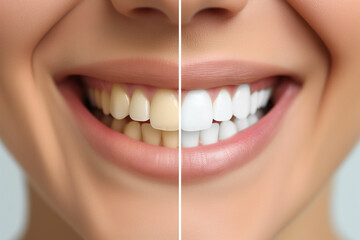 Close-up split image showing the before and after results of teeth whitening treatment; the left side displays stained yellow teeth and the right side shows a set of bright white teeth.