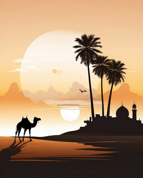 A silhouette of a camel on a desert landscape at sunset, with palm trees and mosque in the foreground.
