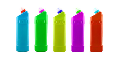 multi-colored plastic bottles for household chemical liquids