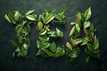 The word TEA is beautifully spelled out with luscious green tea leaves against a dark background - obrazy, fototapety, plakaty
