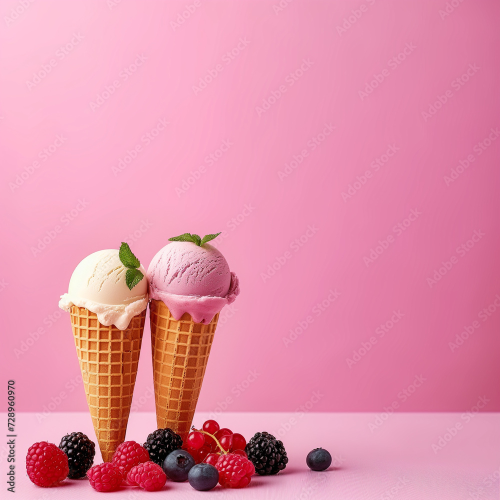 Wall mural Two ice cream cones, one with vanilla and one with berry flavor, accompanied by assorted berries on a pink background.