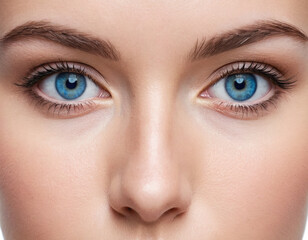 Obraz premium close up on woman's face with blue eye, advertising photography, minimalistic, isolated, plain white